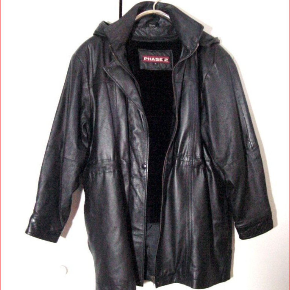 Vtg Black Leather Phase 2 Women's Zip Hoodie Bomber Leather Coat Sz XL